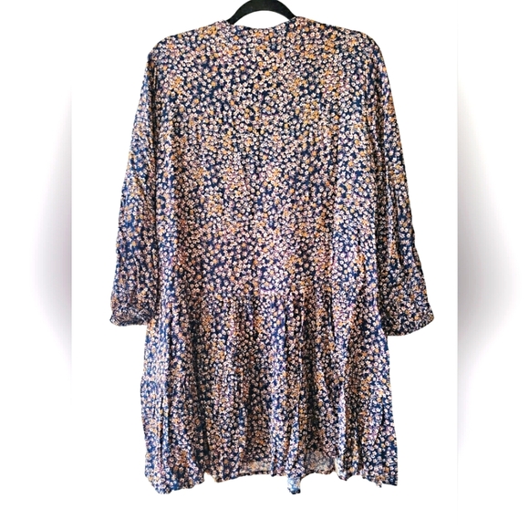 Gap Tiered Flowy Fall Blue, Green & Yellow Floral Vneck Midi Longsleeve Dress - Picture 2 of 16